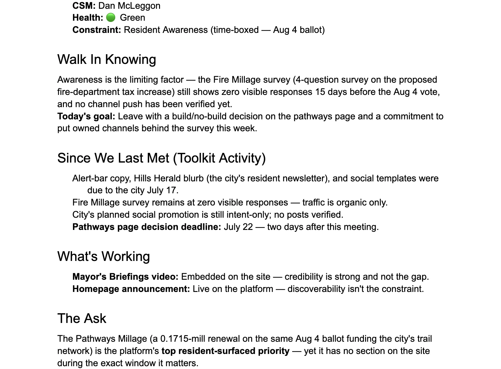 An AI-generated meeting preparation document showing customer health status, the meeting's constraint, and a summary of activity since the last meeting.