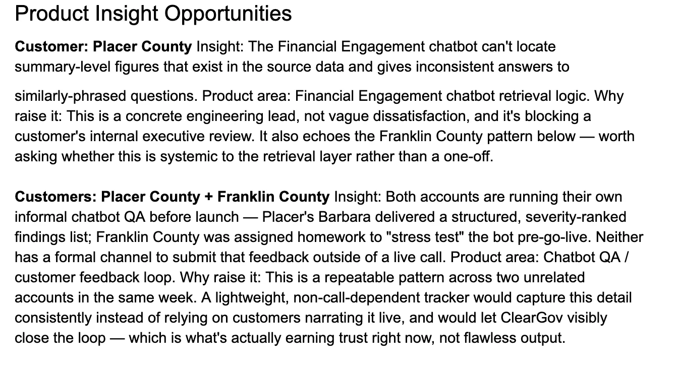 A Product Insight Opportunities document listing specific product issues surfaced from customer conversations, each with the affected product area and rationale.